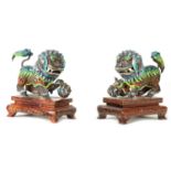 A PAIR OF 20TH CENTURY CHINESE SILVER AND COLOURED ENAMEL FOO DOGS