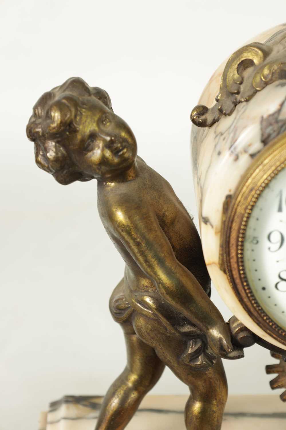 A LATE 19TH CENTURY ORMOLU AND VEINED MARBLE CLOCK GARNITURE - Image 3 of 13