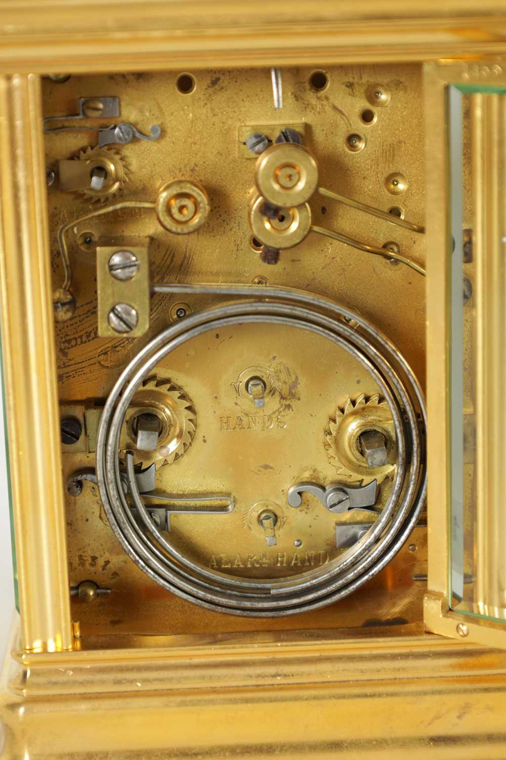 DROCOURT, PARIS. A 19TH CENTURY BRASS GORGE-CASE GRAND SONNERIE REPEATING CARRIAGE CLOCK WITH ALARM - Image 7 of 10