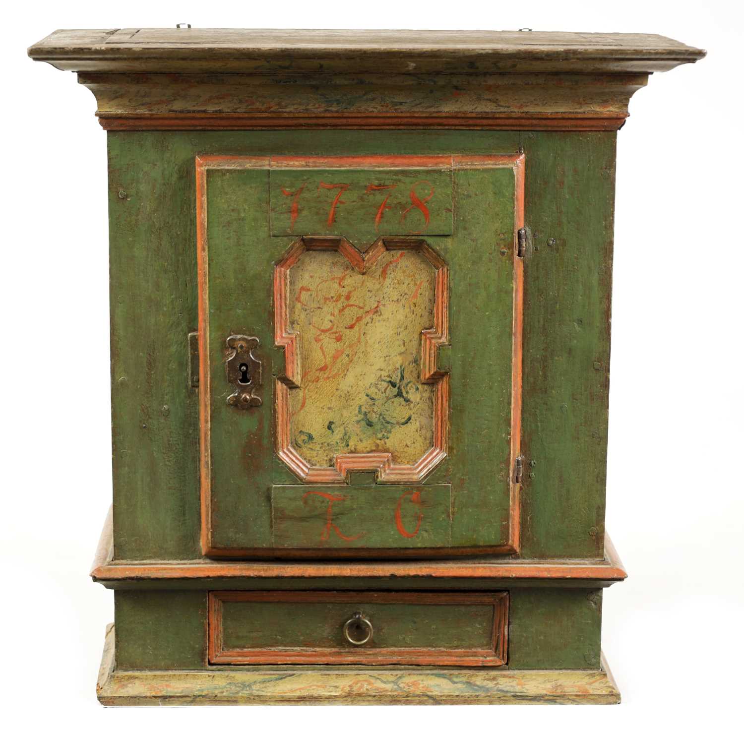 AN 18TH CENTURY FRENCH PAINTED HANGING WALL CUPBOARD