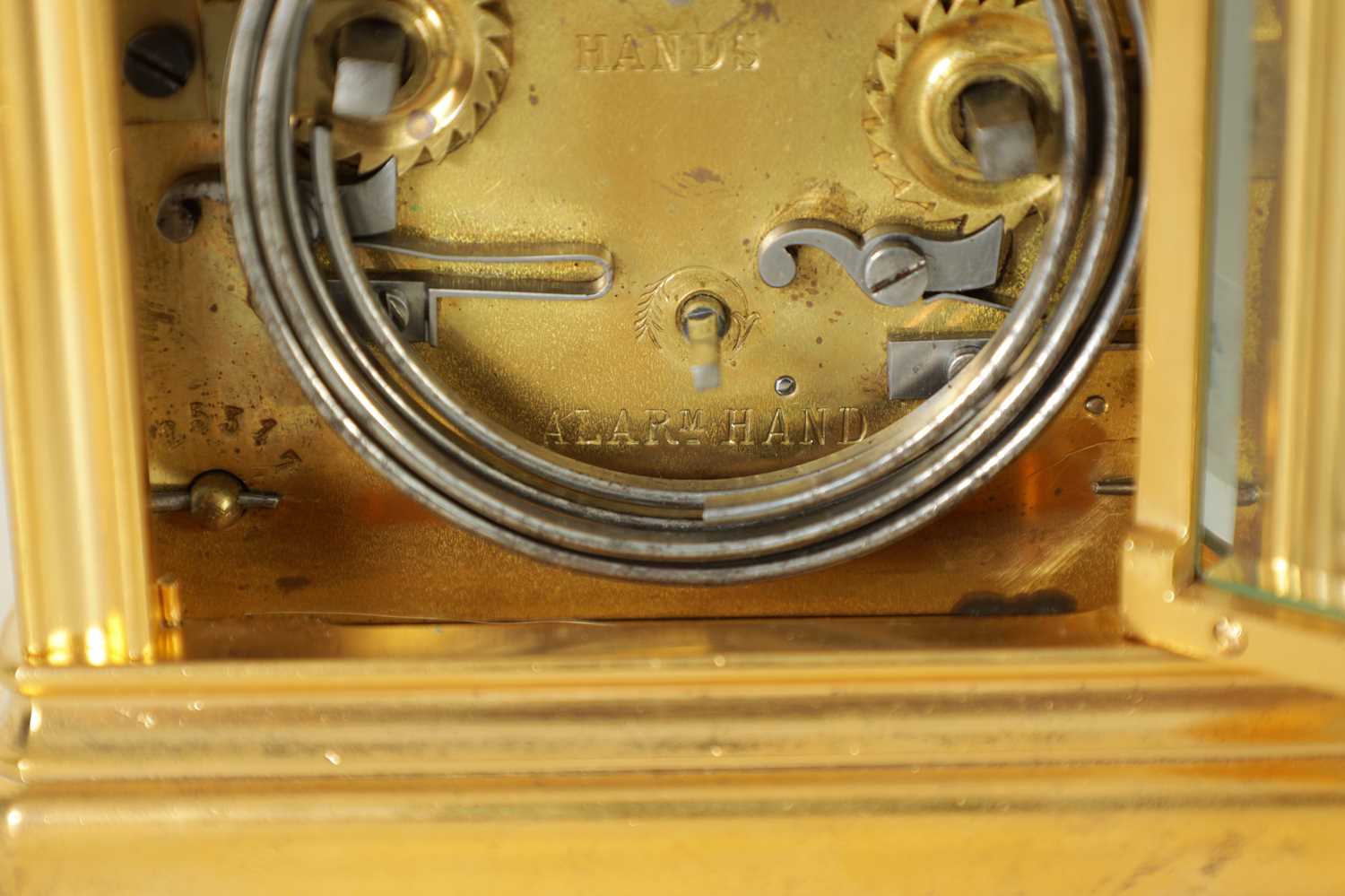 DROCOURT, PARIS. A 19TH CENTURY BRASS GORGE-CASE GRAND SONNERIE REPEATING CARRIAGE CLOCK WITH ALARM - Image 8 of 10