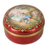 A FINE 19TH CENTURY GILT METAL AND LIMOGES ENAMEL RED GROUND CIRCULAR BOX AND COVER