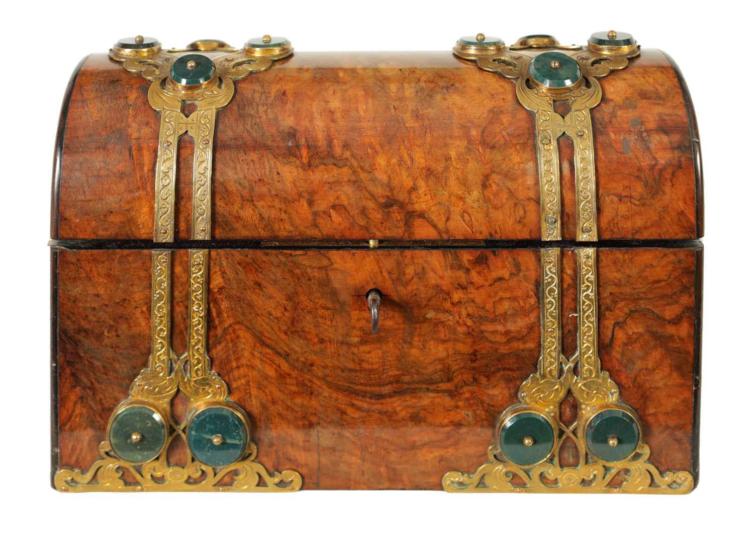 A FINE 19TH CENTURY FRENCH FIGURED WALNUT AND ENGRAVED STRAPPED BRASS MOUNTED STATIONARY BOX