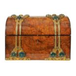 A FINE 19TH CENTURY FRENCH FIGURED WALNUT AND ENGRAVED STRAPPED BRASS MOUNTED STATIONARY BOX