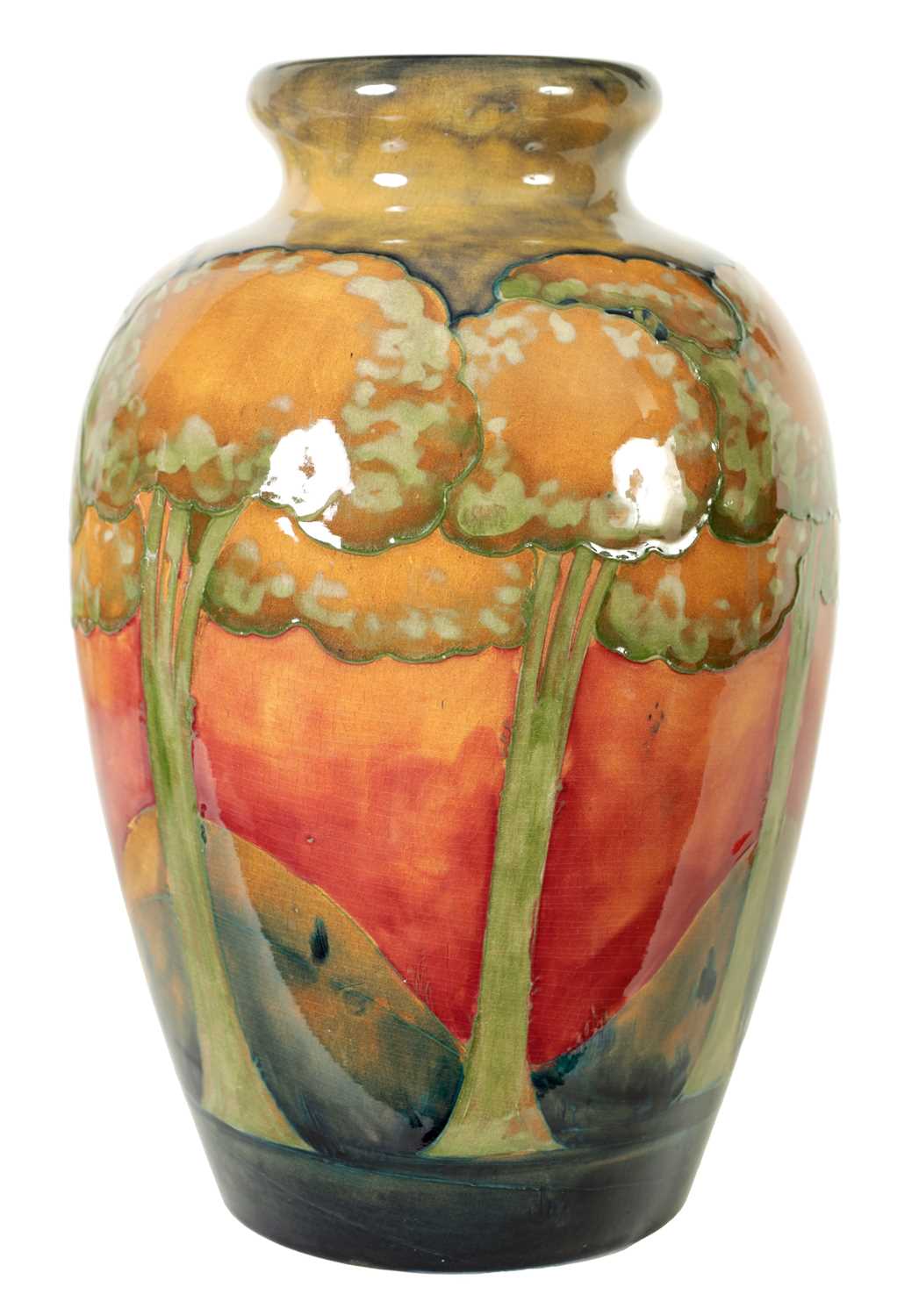 AN OVERSIZED 1930S/40S WILLIAM MOORCROFT TAPERING SHOULDERED VASE/LAMP BASE WITH PINCHED ROUNDED NEC