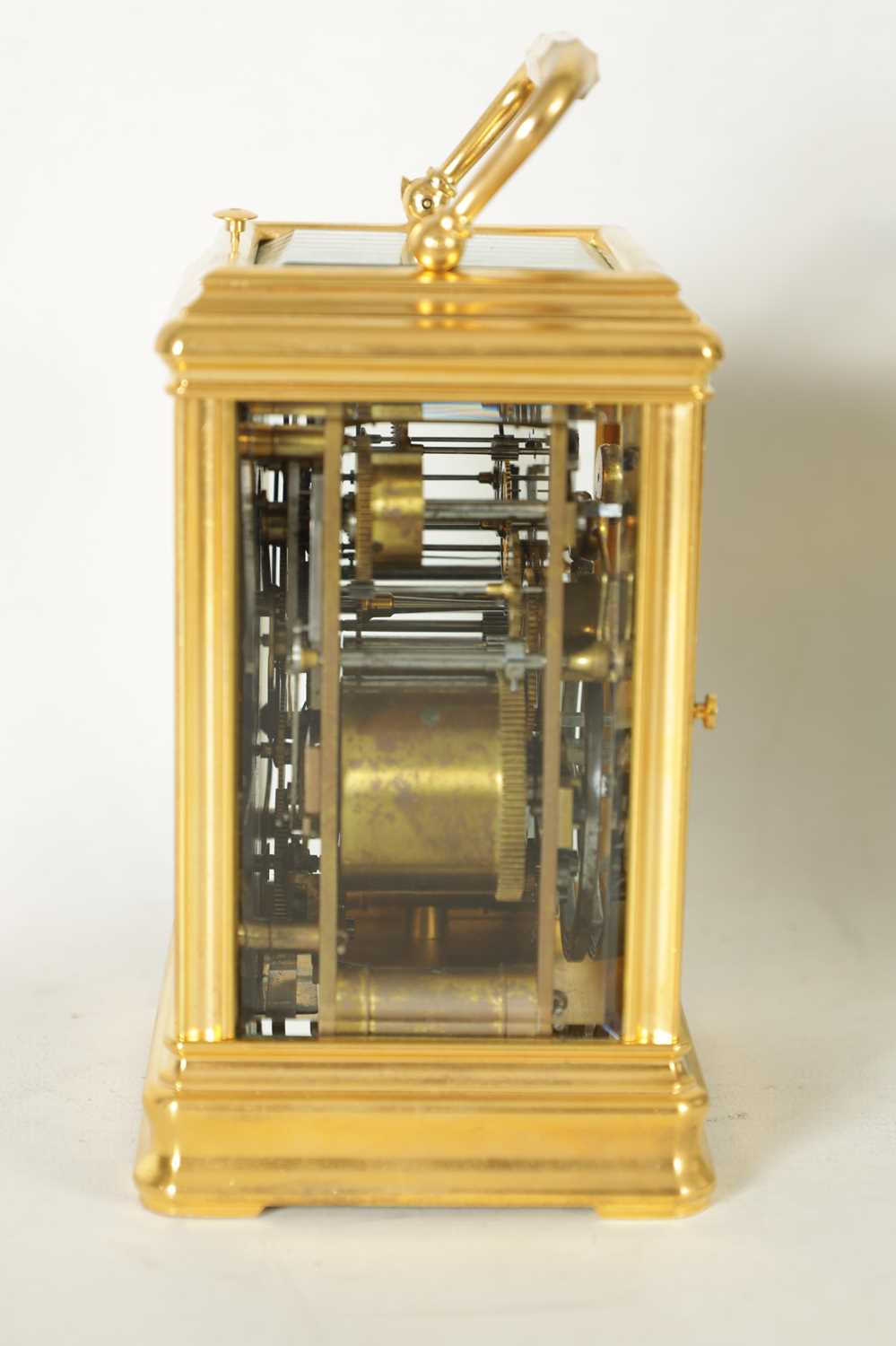 DROCOURT, PARIS. A 19TH CENTURY BRASS GORGE-CASE GRAND SONNERIE REPEATING CARRIAGE CLOCK WITH ALARM - Image 4 of 10
