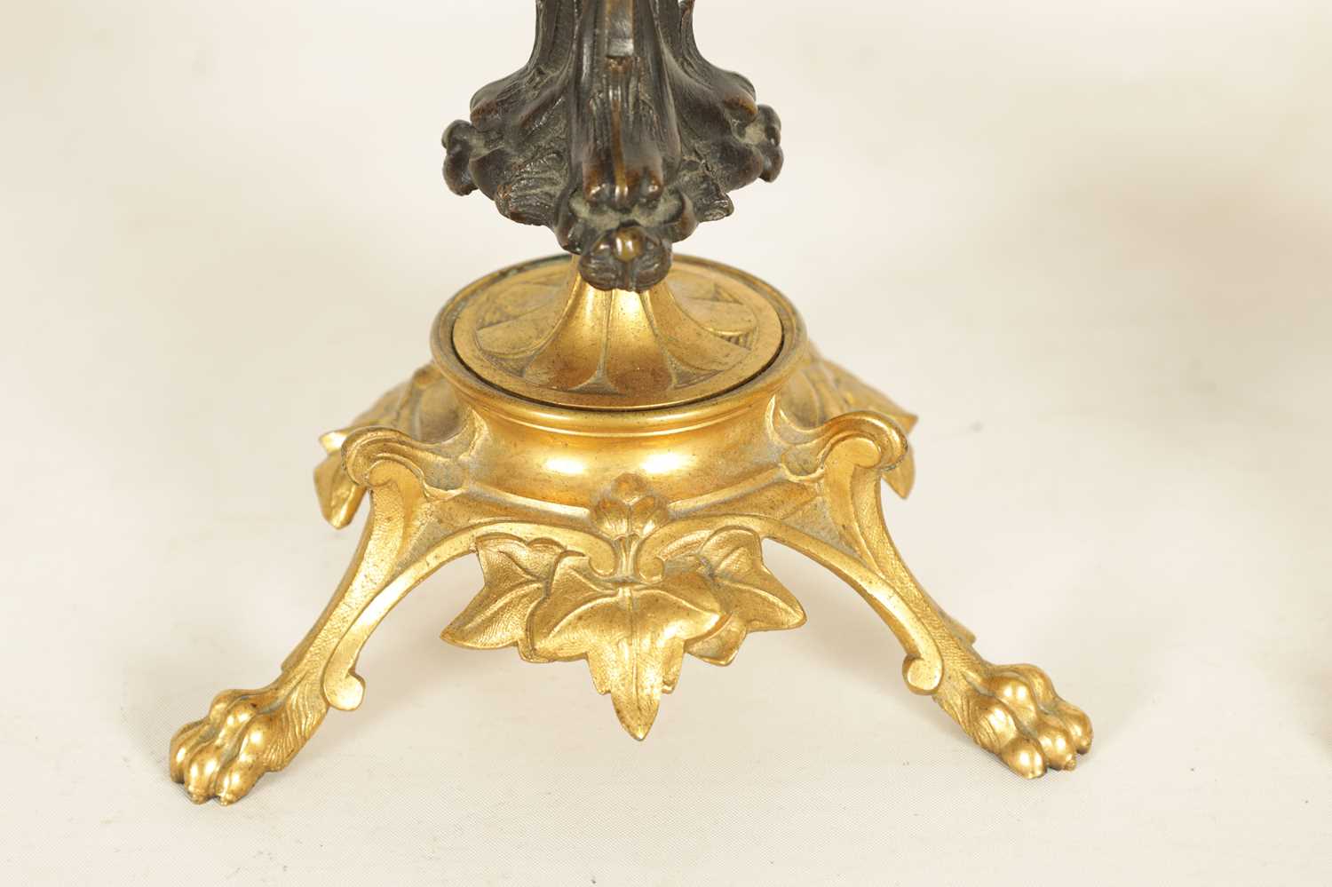 A PAIR OF LATE 19TH CENTURY FRENCH BARBIDIENNE STYLE BRONZE AND ORMOLU CANDLESTICKS - Image 8 of 11