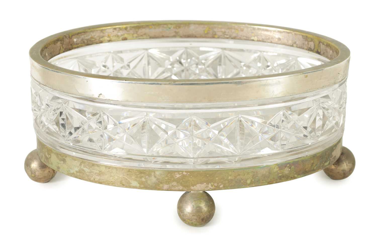 A 19TH CENTURY CUT GLASS OVAL SILVER MOUNTED FRUIT BOWL