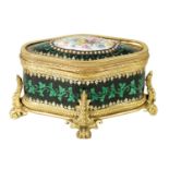 A GOOD 19TH CENTURY FRENCH GILT METAL AND LIMOGES ENAMEL JEWELLERY CASKET
