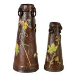 TWO LATE 19TH CENTURY BRETBY SIMULATED WOOD TAPERING VASES WITH DRAGONFLIES