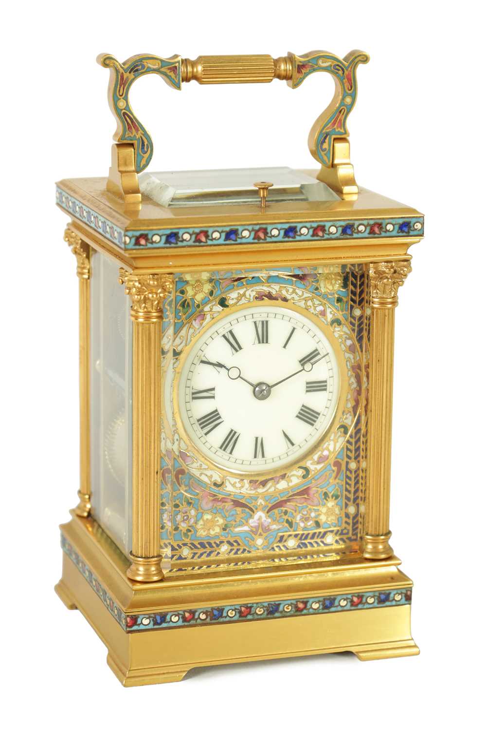 A LATE 19TH CENTURY FRENCH GILT BRASS AND CHAMPLEVE ENAMEL REPEATING CARRIAGE CLOCK