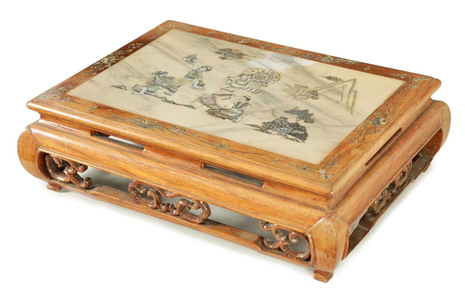 A 20TH-CENTURY CHINESE HARDWOOD MOTHER OF PEARL INLAID MARBLE-TOPPED STAND