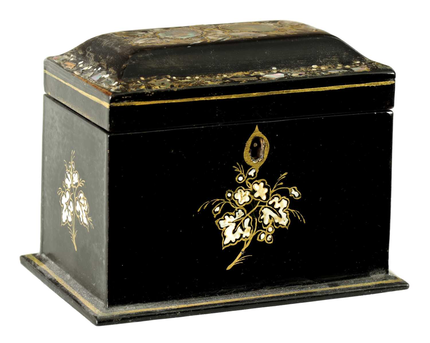 A 19TH CENTURY MOTHER OF PEARL INLAID LACQUERED TEA CADDY