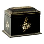 A 19TH CENTURY MOTHER OF PEARL INLAID LACQUERED TEA CADDY