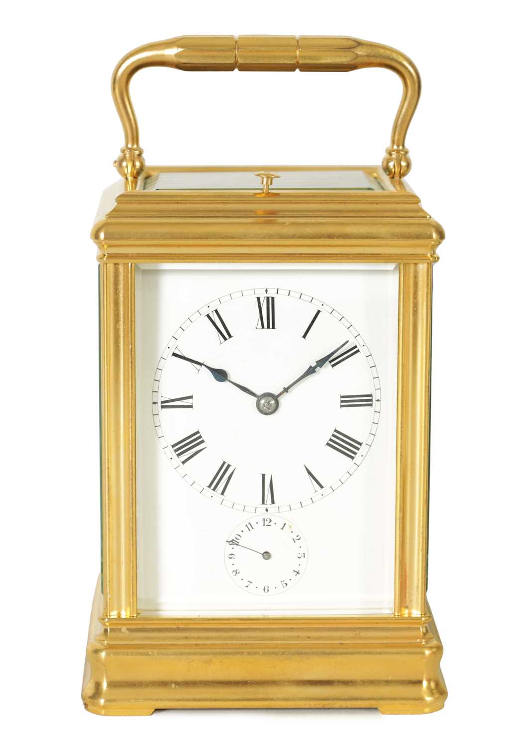 DROCOURT, PARIS. A 19TH CENTURY BRASS GORGE-CASE GRAND SONNERIE REPEATING CARRIAGE CLOCK WITH ALARM