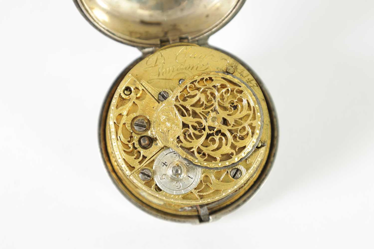 B. CLAY, LONDON. AN EARLY 18TH CENTURY SILVER PAIR CASE VERGE POCKET WATCH - Image 7 of 10