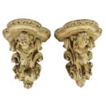 A PAIR OF 18TH CENTURY PAINTED CARVED WOOD HANGING BRACKETS