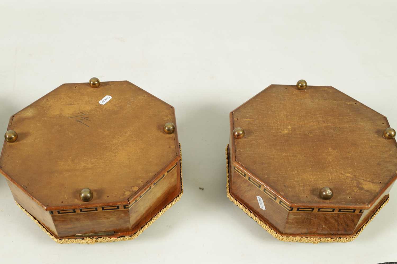 A PAIR OF 19TH CENTURY OCTAGONAL SHAPED INLAID WALNUT FOOTSTOOLS - Image 10 of 12