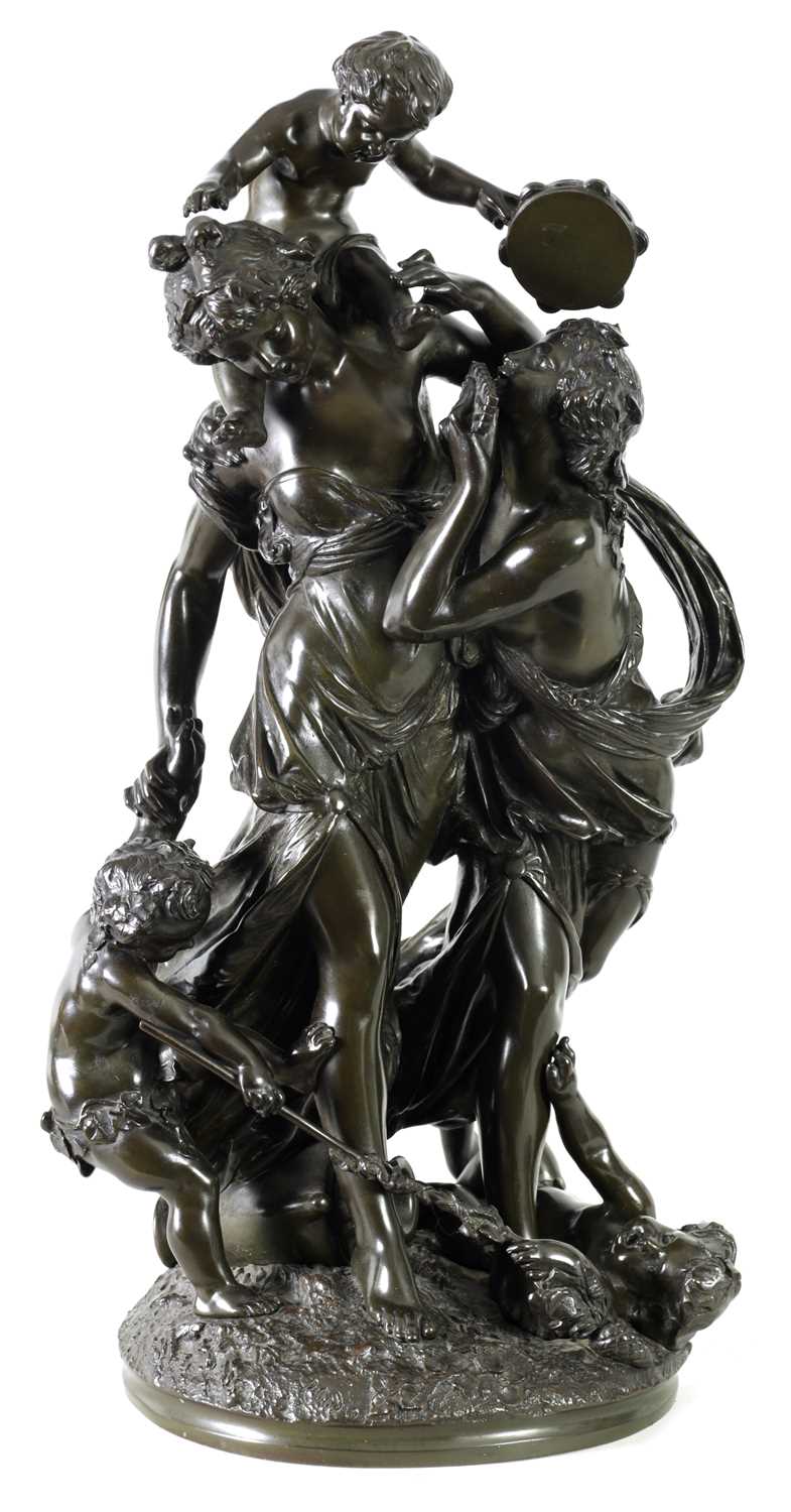 AFTER CLAUDE MICHEL CLODION. A FINLEY CAST 19TH CENTURY BRONZE OF BACHANTE AND DANCING PUTTI