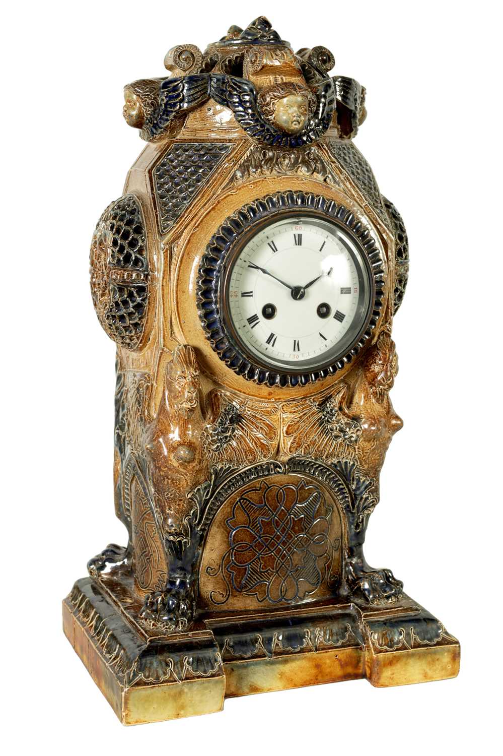 A FINE 19TH CENTURY MARTIN BROTHERS LONDON COLOURED AND SALT GLAZE STONEWARE MANTEL CLOCK No.59