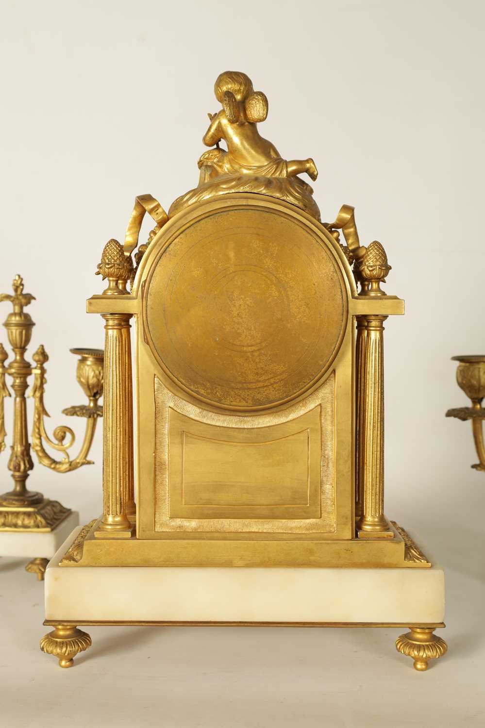 A 19TH CENTURY FRENCH ORMOLU AND WHITE MARBLE CLOCK GARNITURE - Image 10 of 13