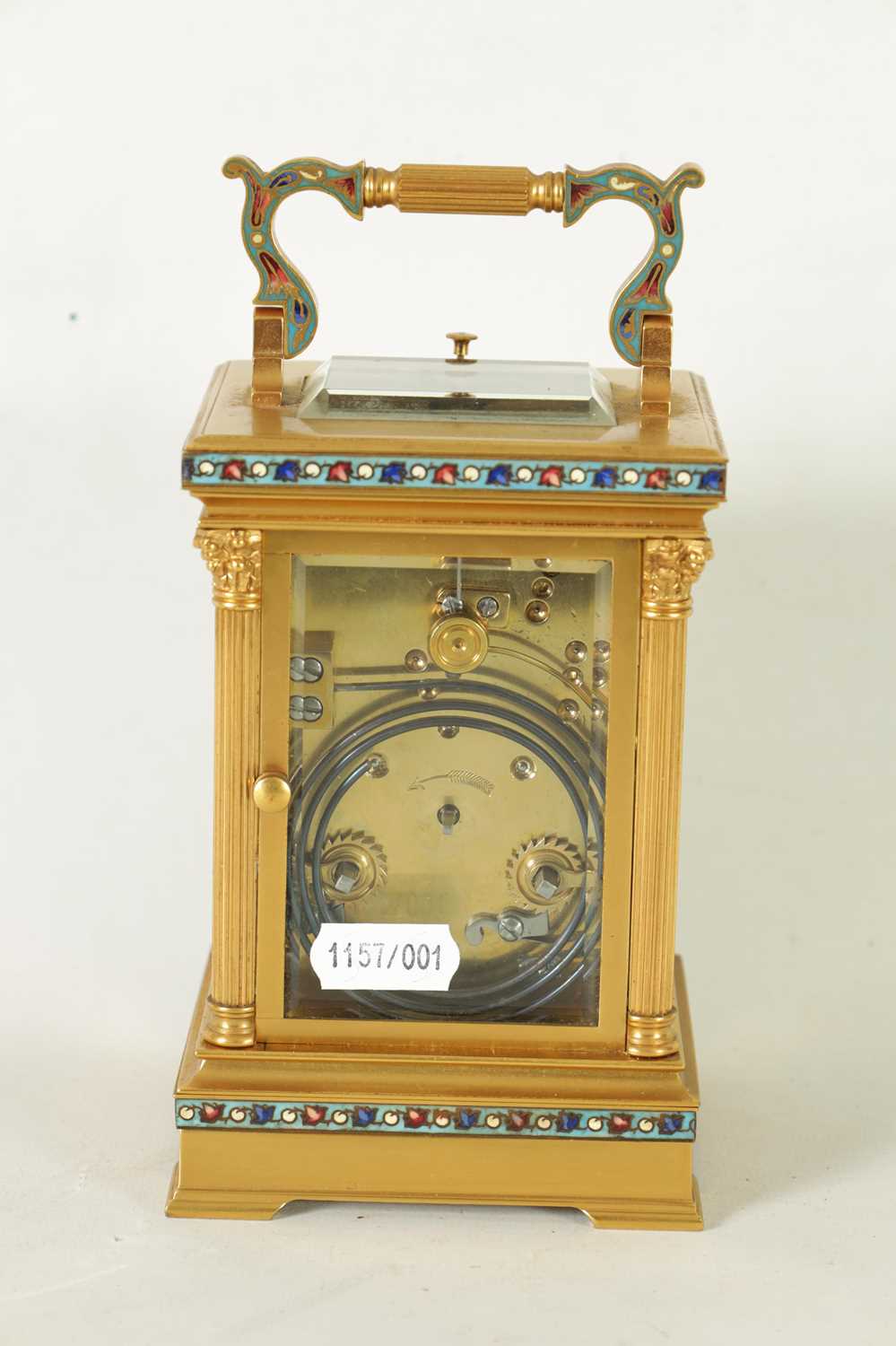 A LATE 19TH CENTURY FRENCH GILT BRASS AND CHAMPLEVE ENAMEL REPEATING CARRIAGE CLOCK - Image 8 of 10