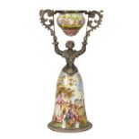 A FINE 19TH CENTURY CONTINENTAL SILVER AND VIENNESE ENAMEL CANDLE SNUFFER