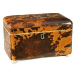 AN EARLY 19TH CENTURY BLONDE TORTOISESHELL AND IVORY MOUNTED DOME TOPPED TEA CADDY