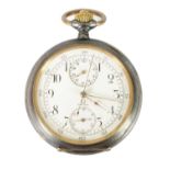 AN EARLY 20TH CENTURY OMEGA CHRONOGRAPH OPEN FACE GUNMETAL POCKET WATCH