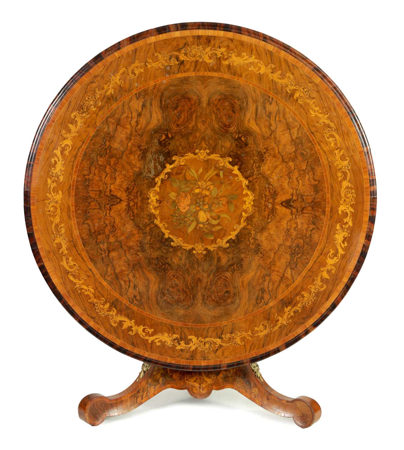 A FINE 19TH CENTURY ORMOLU MOUNTED BURR WALNUT AND FLORAL MARQUETRY CENTRE TABLE IN THE MANNER OF ED