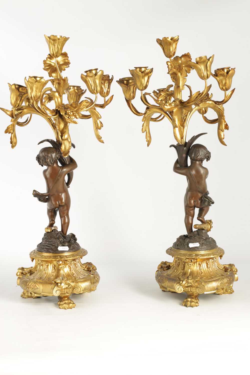 A PAIR OF 19TH CENTURY BRONZE AND ORMOLU SEVEN BRANCH CANDELABRA - Image 4 of 8