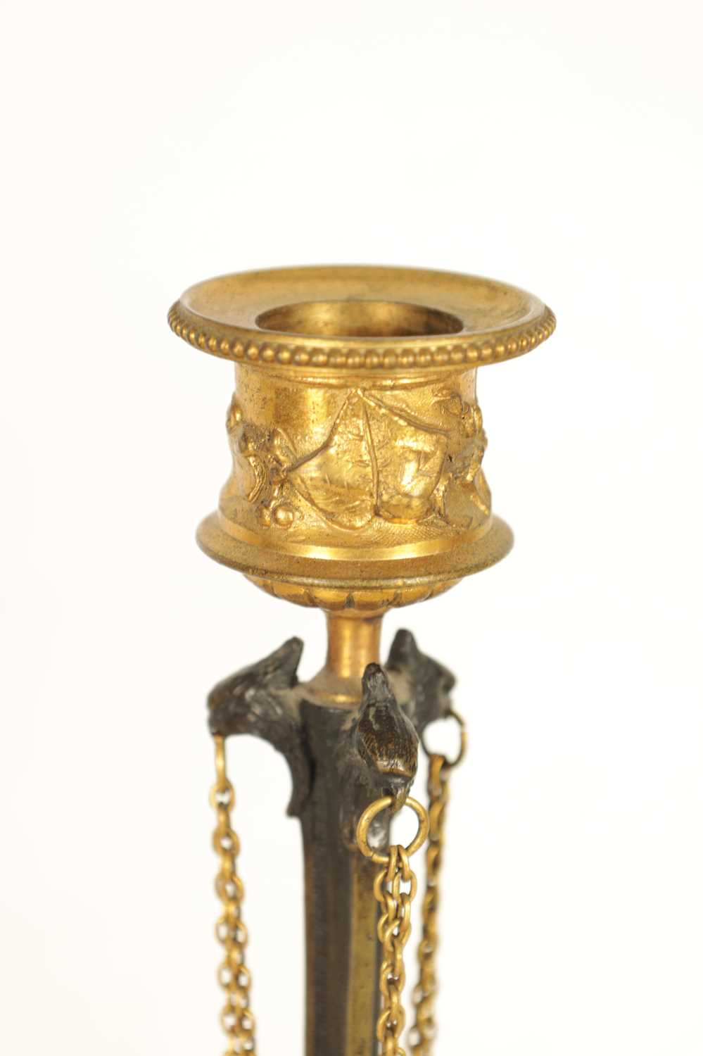 A PAIR OF LATE 19TH CENTURY FRENCH BARBIDIENNE STYLE BRONZE AND ORMOLU CANDLESTICKS - Image 3 of 11