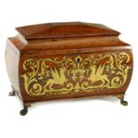 A REGENCY BRASS INLAID MAHAGONY SARCOPHAGUS TEA CADDY