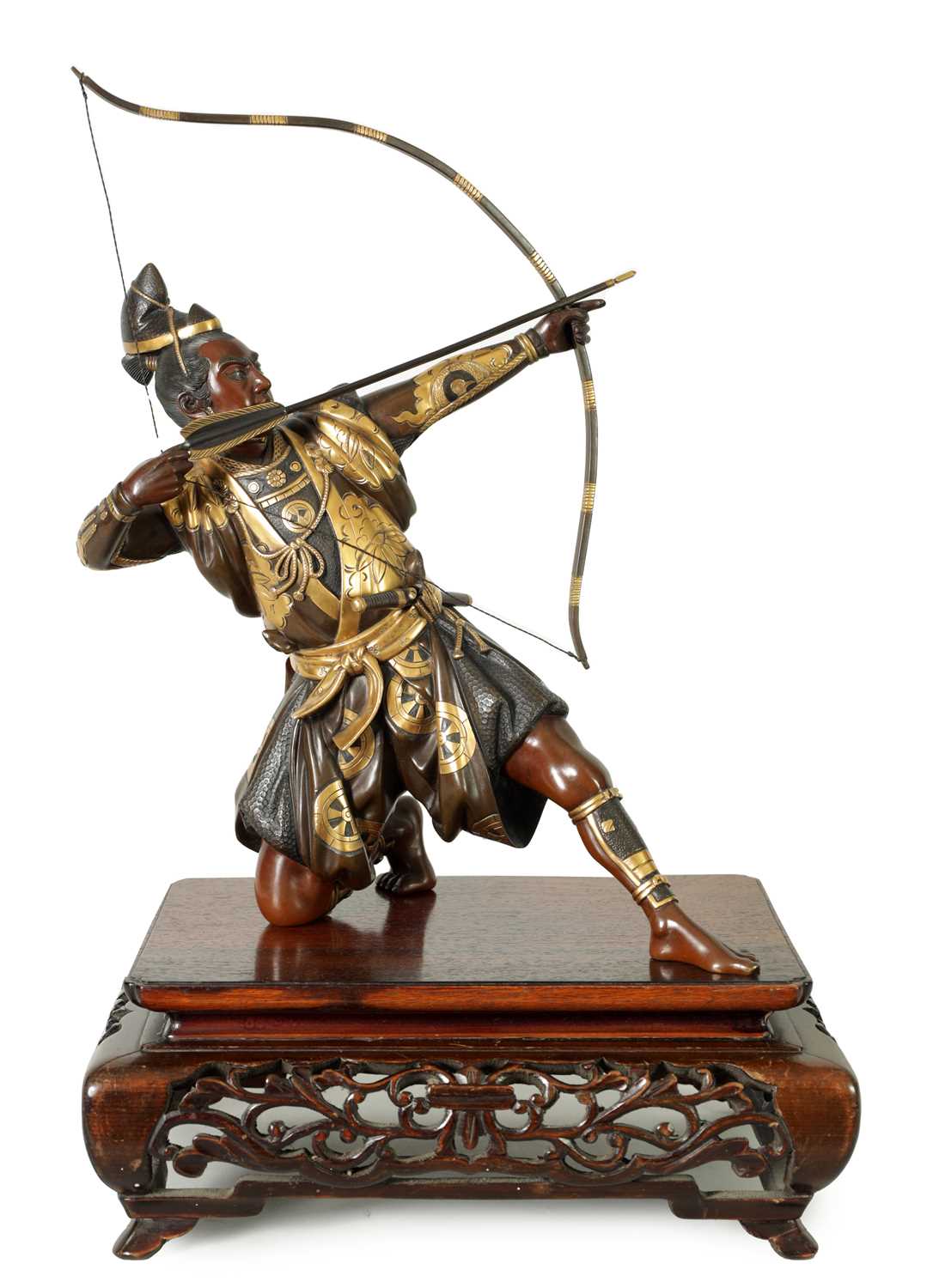 A FINE LATE 19TH CENTURY JAPANESE MEIJI PERIOD BRONZE AND MIXED METAL SAMURAI ARCHER OF LARGE SIZE