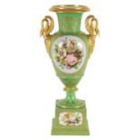 A FINE 19TH CENTURY PARIS PORCELAIN GREEN AND GILT PEDESTAL VASE OF LARGE SIZE