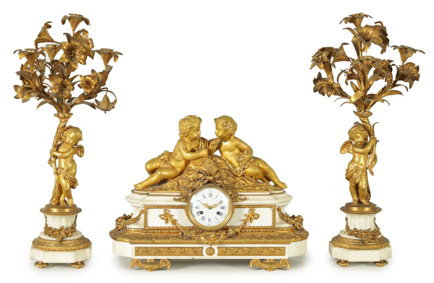 A LATE 19TH CENTURY ORMOLU AND WHITE MARBLE CLOCK GARNITURE