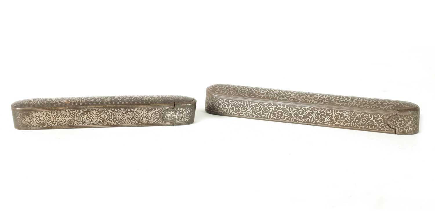 TWO 19TH-CENTURY PERSIAN SILVER METAL INLAID IRONWORK PEN BOXES
