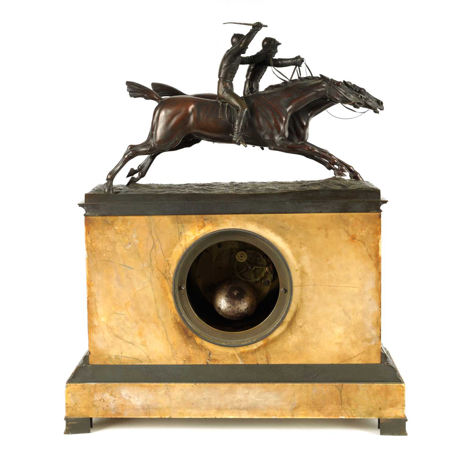 OF HORSE RACING/EQUESTRIAN INTEREST. A 19TH CENTURY FRENCH PATINATED BRONZE AND SIENNA MARBLE MANTEL - Image 8 of 9