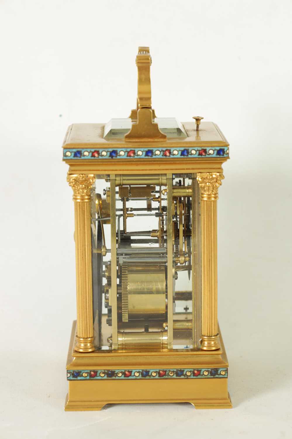 A LATE 19TH CENTURY FRENCH GILT BRASS AND CHAMPLEVE ENAMEL REPEATING CARRIAGE CLOCK - Image 6 of 10