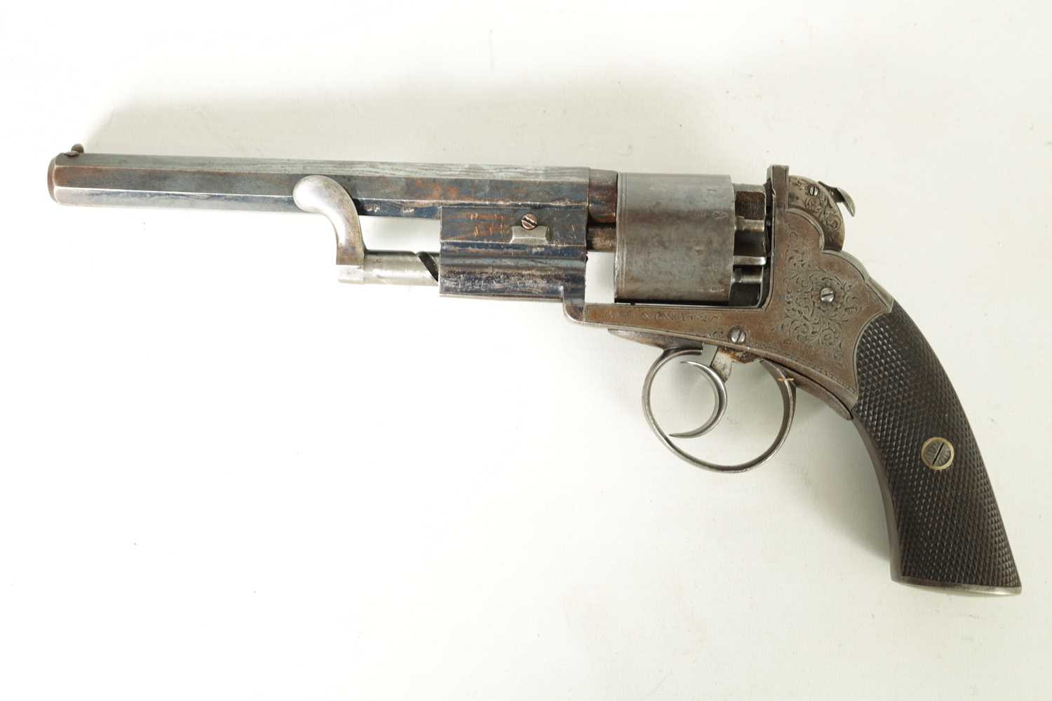 A RARE MID 19TH CENTURY CASED 54-BORE BENTLY PATENT FIVE-SHOT SELF-COCKING PERCUSSION REVOLVER - Image 4 of 12