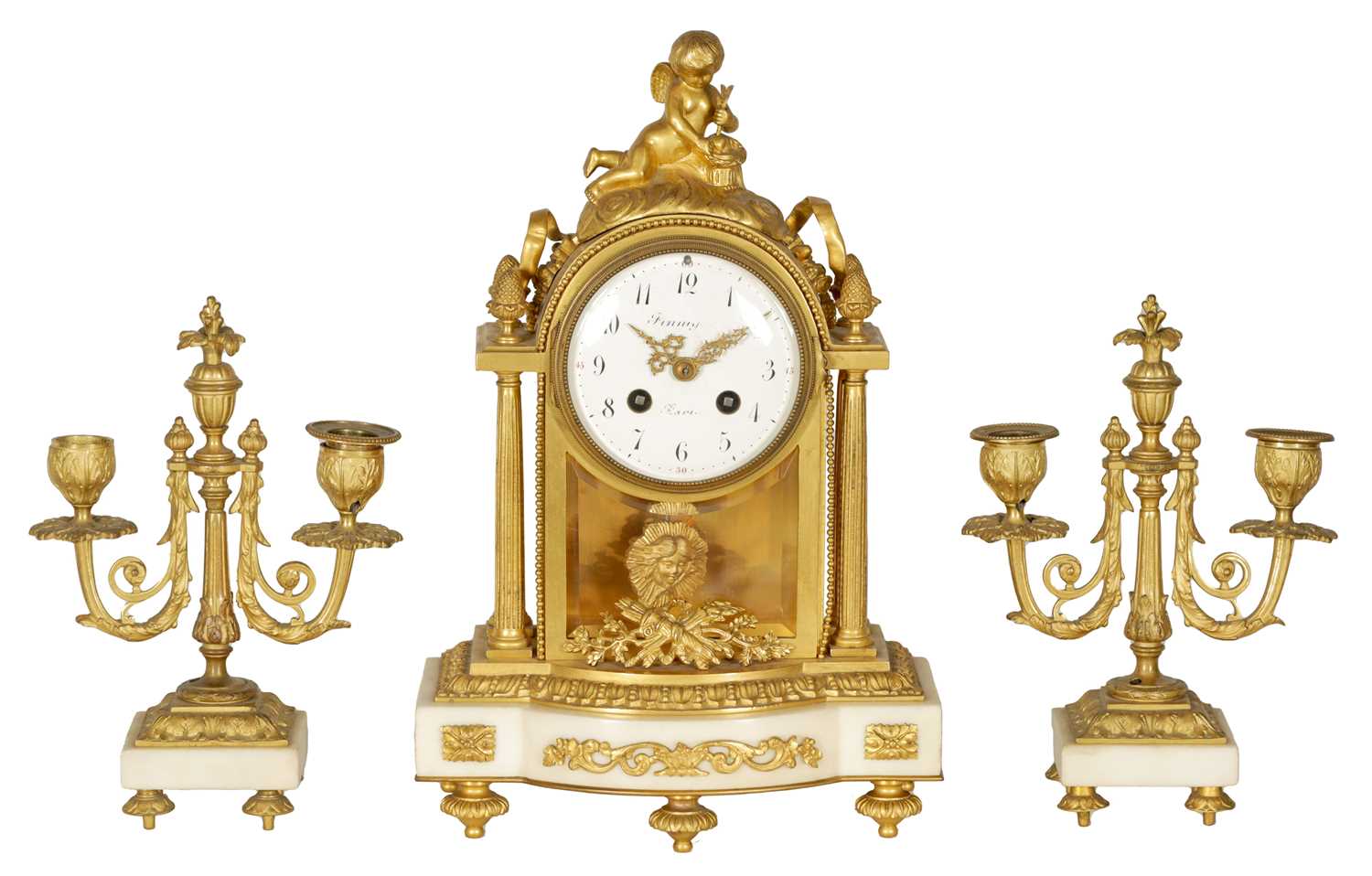 A 19TH CENTURY FRENCH ORMOLU AND WHITE MARBLE CLOCK GARNITURE