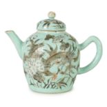 AN 18TH/19TH CENTURY CHINESE PALE BLUE GROUND SMALL TEAPOT AND COVER