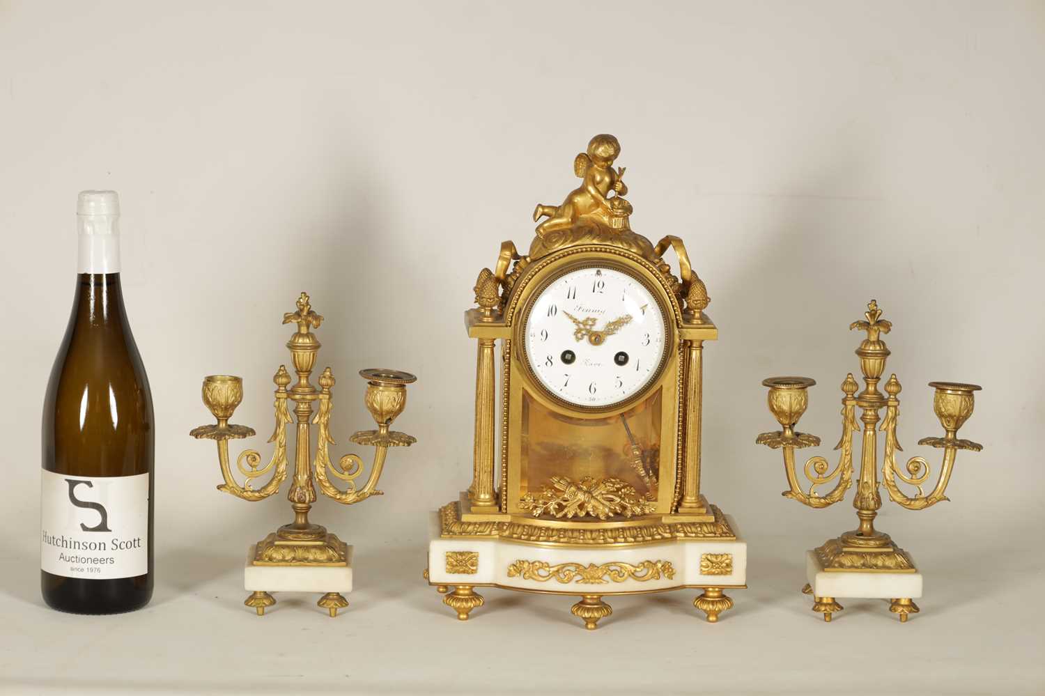 A 19TH CENTURY FRENCH ORMOLU AND WHITE MARBLE CLOCK GARNITURE - Image 2 of 13