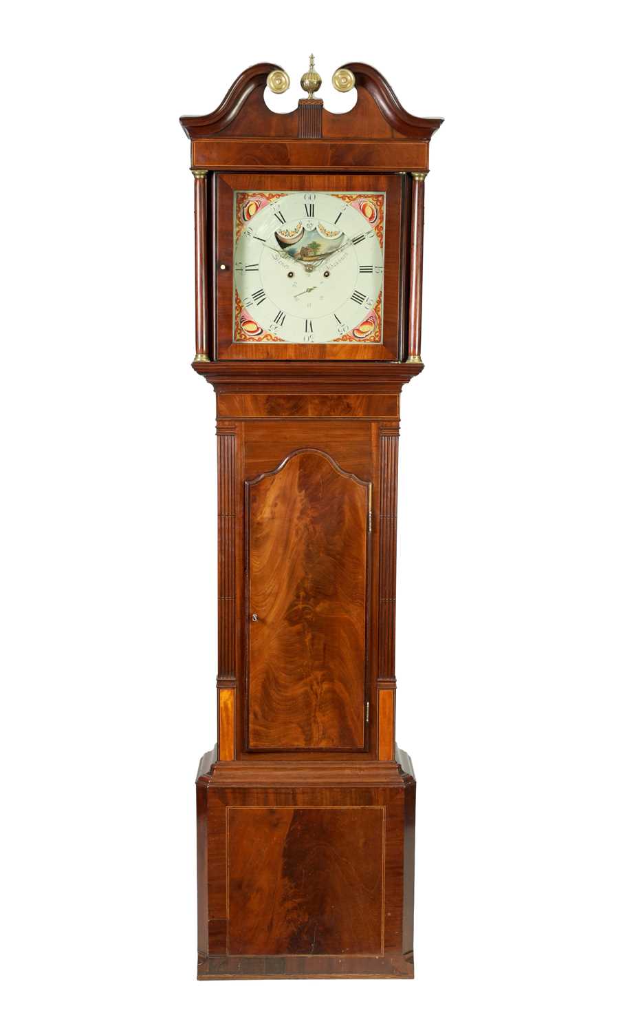 STONES, BLACKBURN. AN EARLY 19TH CENTURY MAHOGANY ‘AXE MOON’ LONGCASE CLOCK