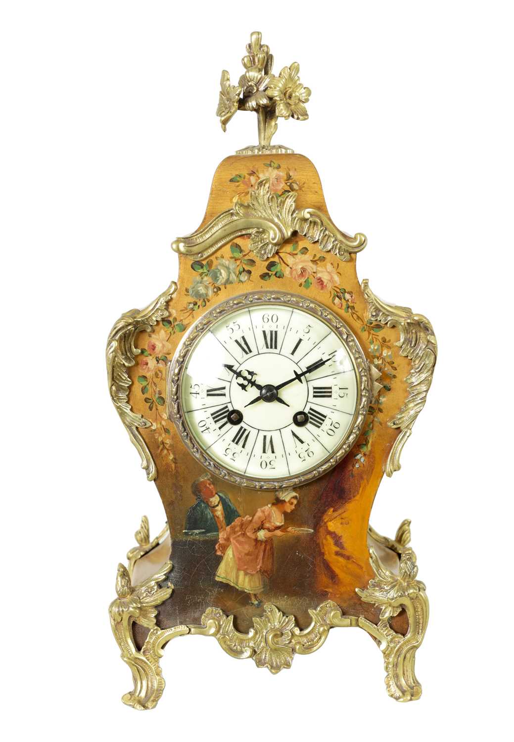 A LATE 19TH CENTURY FRENCH ORMOLU MOUNTED 'VERNIS MARTIN' MANTEL CLOCK