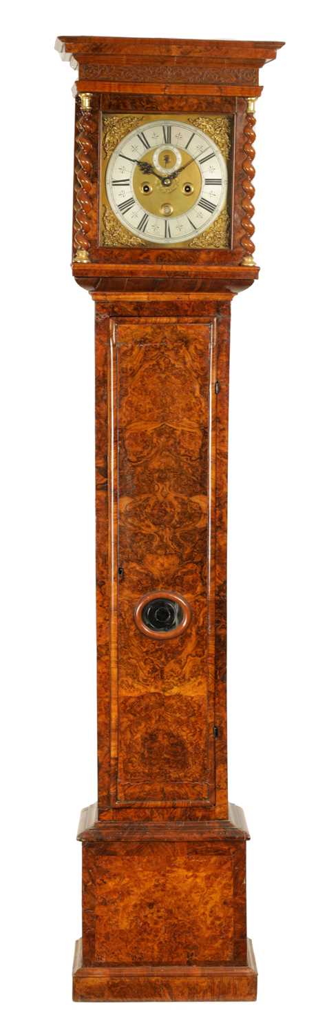 JOHN ANDREWS, LONDINI FECIT. A LATE 17TH CENTURY BURR WALNUT 11” LONGCASE CLOCK