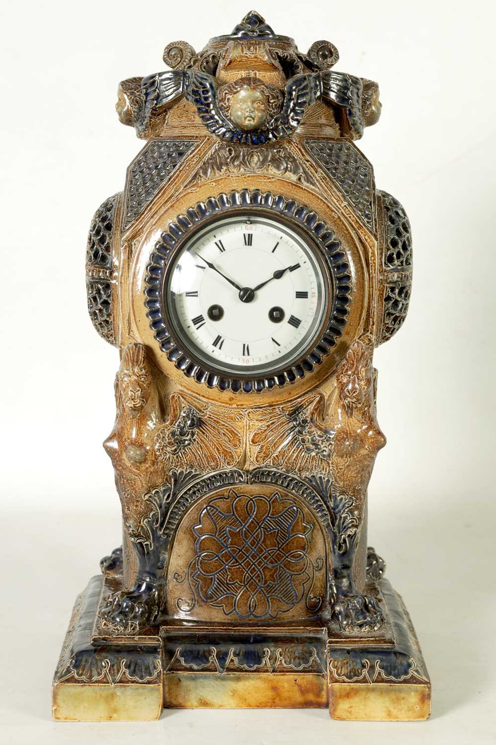 A FINE 19TH CENTURY MARTIN BROTHERS LONDON COLOURED AND SALT GLAZE STONEWARE MANTEL CLOCK No.59 - Image 2 of 9