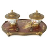 A 19TH CENTURY DARK RED AND GOLD LACQUER WORK ORMOLU MOUNTED INKSTAND