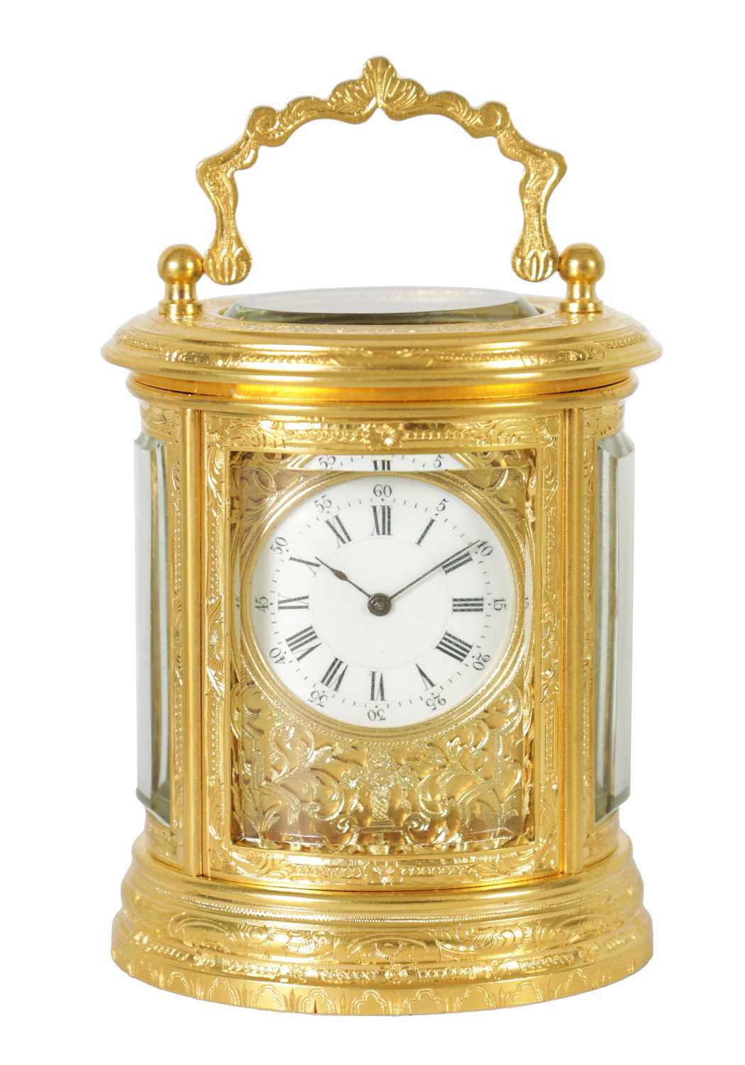 A LATE 19TH CENTURY FRENCH MINIATURE ENGRAVED OVAL CARRIAGE CLOCK