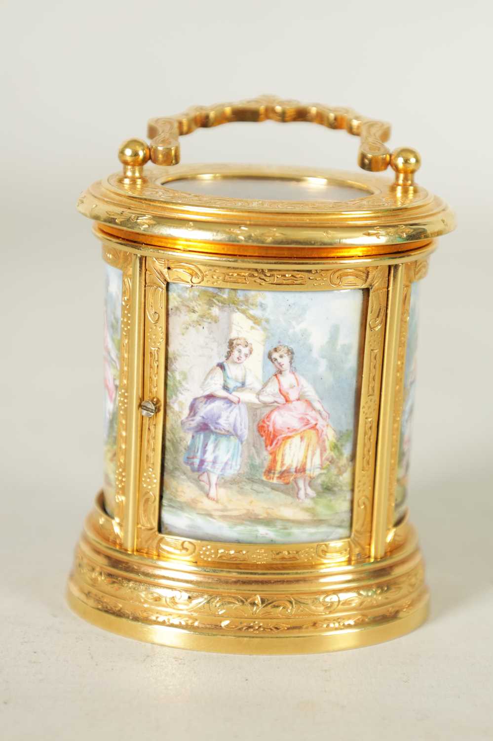 A LATE 19TH CENTURY MINIATURE PORCELAIN PANELLED ENGRAVED OVAL CARRIAGE CLOCK - Image 6 of 8